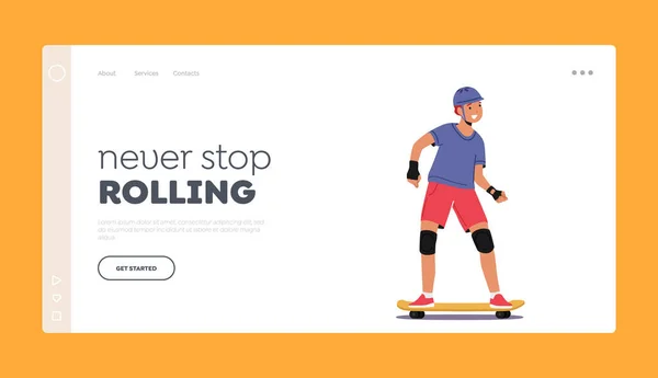 Skateboarding Sport Landing Page Template. Youth Urban Culture and Children Activity on Street. Preteen Boy in Skate Park or Rollerdrome Perform Skateboard Stunts. Cartoon Vector Illustration