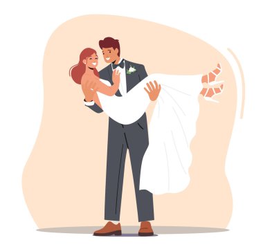 Happy Young Groom Carry Bride on Hands to Altar during Wedding Ceremony. Newlywed Man and Woman Getting Married. Isolated Wife and Husband Characters Romance. Cartoon People Vector Illustration