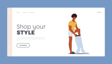People Fitting Clothes Landing Page Template. Daily Routine Concept. Young Male Character Dressing Up. African Man Put on Jeans at Morning Prepare to go at Work. Cartoon Vector Illustration