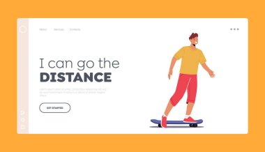 Teenager Boy Riding Skate Board Landing Page Template. Youth Urban Culture and Outdoor Activity, Skateboarding Extreme Sport, Man in Skate Park or Rollerdrome. Cartoon Vector Illustration
