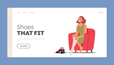 Young Woman Choose Footwear at Shop Landing Page Template. Female Character Dressing Stockings and Shoes Sitting on Armchair. Girl Getting Dressed at Morning. Cartoon People Vector Illustration