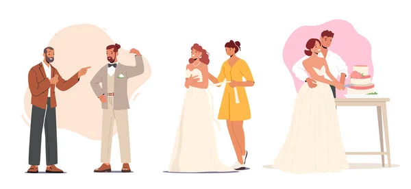 Сет Жених Невеста Брак Мужчина Женщина Приготовьтесь Свадебной Церемонии Подходящее — стоковый вектор