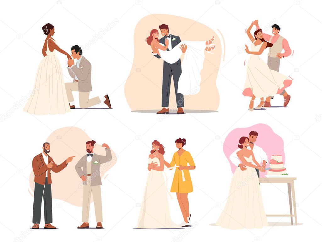 Set Groom and Bride Wedding Ceremony, Man Carry Woman on Hands, Kiss Hand, Couple Dance and Cut Cake Together. Happy Newlywed Characters Celebrate in Festive Costumes. Cartoon Vector Illustration