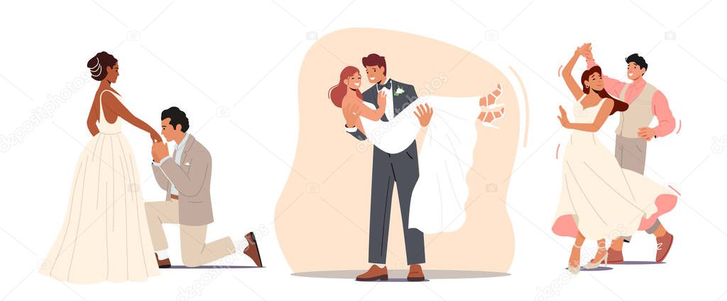 Set Wedding Ceremony, Groom Carry Woman on Hands, Stand on Knee Kiss Bride Hand. Happy Newlyweds Couple in Festive Costumes Characters Dancing, People Celebrate Marriage. Cartoon Vector Illustration
