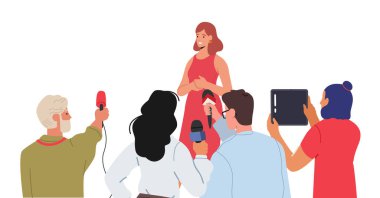 Woman Speaking to Audience, during Press Conference Isolated on White Background. Journalists or Press Media Workers Characters with Microphones, Photo and Video Cameras. Cartoon Vector Illustration