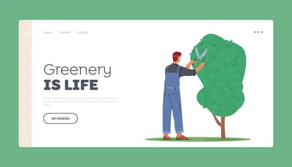 Worker Male Character Trimming Tree Garden Landing Page Template Man — Stock Vector