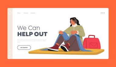 Refugee Help Landing Page Template. Unhappy Woman Sitting on Floor Mat Survive during War Conflict. Female Character Wear Warm Clothes Covered in Blanket with Bag. Cartoon People Vector Illustration