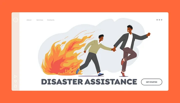 Disaster Assistance Landing Page Template People Escaping Ragging Fire African — стоковый вектор