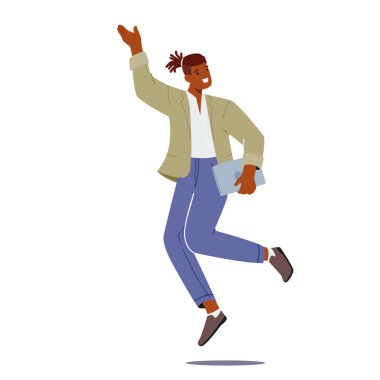 Adult African Pupil Character with Tablet or Laptop in Hand Jumping. Student Back to School, Gain Education. Happy Teenager Boy Jump Isolated on White Background. Cartoon People Vector Illustration