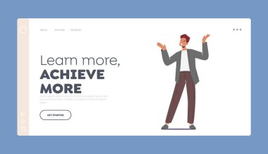 Learn and Achieve Landing Page Template. Adult Office Employee Man in Formal Clothes Smile and Gesturing Hands. Happy Male Character Wearing Suit Celebrate Victory. Cartoon People Vector Illustration