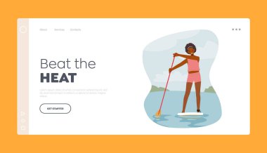 Woman Paddling on SUP Board Landing Page Template. Young Female Character in Swimwear Holding Paddle Stand on Surfboard. Water Sport Activity, Recreation, Leisure. Cartoon People Vector Illustration