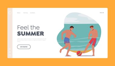 Summertime Vacation Landing Page Template. Men in Swimming Shorts Playing Ball on Summer Beach. Young Male Characters Friends or Brothers Spend Time on Exotic Resort. Cartoon Vector Illustration