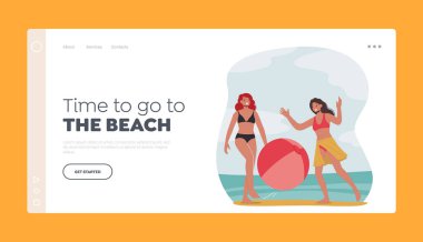 Summer Beach Leisure Landing Page Template. Girls in Bikini Playing with Big Inflatable Ball during Summertime Vacation. Young Female Characters Spend Time on Exotic Resort Cartoon Vector Illustration