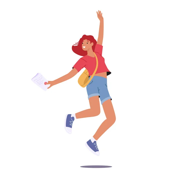 Happy Student Girl Jumping Cheerful Young Female Character Paper Hand — Wektor stockowy