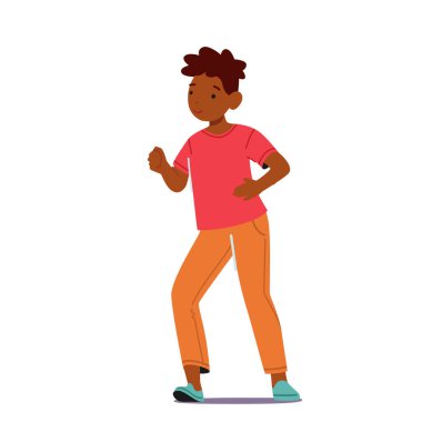 Little African Boy Wear Red T-shirt and Orange Trousers. Isolated Happy Child Character Smiling. Happy Emotion, Kid Positivity, Happiness and Childhood Concept. Cartoon Vector Illustration, Clipart