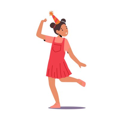 Girl Celebrate Birthday, Children Party, Event Celebration Concept. Happy Cheerful Kid Character Wear Festive Hat Dancing and Jumping with Hands Up. Cartoon People Vector Illustration