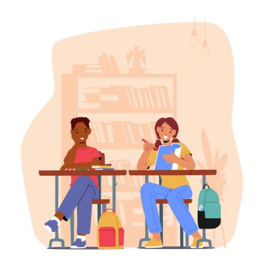 Happy School Kids Boy and Girl Sitting at Desk in Classroom Studying. Schoolboy and Schoolgirl Listening and Writing Lesson in Class. Children Knowledges and Education. Cartoon Vector Illustration