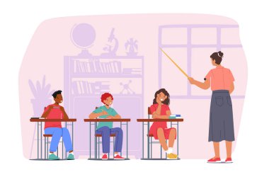 Kids on Lesson, Children Characters with Teacher in Classroom Interior. Boys and Girls Sitting at Desk in Class. Education, Back to School Concept with Students. Cartoon People Vector Illustration