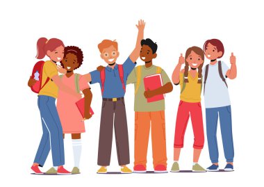 Back to School Concept with Pupils Boys and Girls with Backpacks and Textbooks Stand in Row. Happy Children Students Back to School, Isolated Kids Characters Group. Cartoon People Vector Illustration