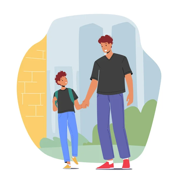 Back School Education Studying Concept Father Schoolboy Characters Walking Lesson — Stockvector
