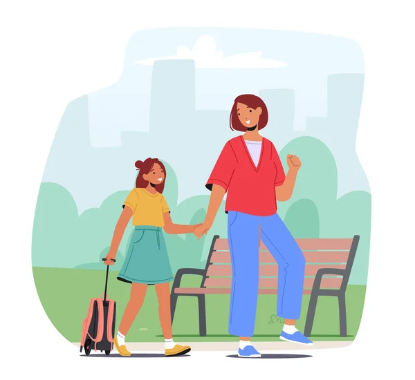 Back School Education Studying Concept Mother Schoolgirl Characters Walking Lesson — Stockvector