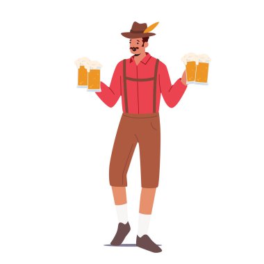 Traditional German Beer Fest Celebration. Male Character Wear Bavarian Costume and Hat Holding Beer Mugs Celebrate Oktoberfest Festival Isolated on White Background. Cartoon People Vector Illustration
