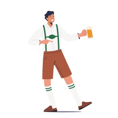 Male Character Wear Bavarian Costume Holding Beer Tankard in Hand Celebrate Oktoberfest Festival Isolated on White Background. Traditional German Beer Fest. Cartoon People Vector Illustration