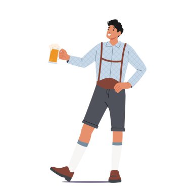 Traditional Oktoberfest German Beer Fest. Male Character Wear Bavarian Costume Holding Beer Mug in Hand Celebrate Festival Isolated on White Background. Cartoon People Vector Illustration