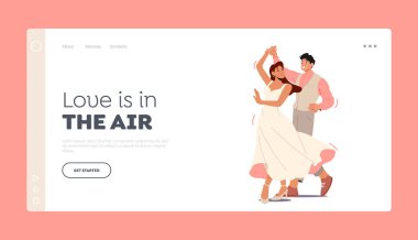 Marriage Celebration Landing Page Template. Young Husband and Wife Dancing Waltz. Happy Newlywed Couple Perform Wedding Dancing. Bride and Groom Characters Fun. Cartoon People Vector Illustration