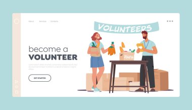 Become a Volunteer Landing Page Template. Characters Distribute Donated Food, Helping to Poor, People Stand at Desk with Products in Donation Box. Volunteering Charity. Cartoon Vector Illustration