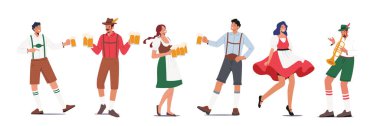 Set Traditional German Oktoberfest. Male and Female Characters Wear Bavarian Costume and Dress Holding Beer Mugs, Playing Trumpet and Dance Celebrate Beer Festival. Cartoon People Vector Illustration