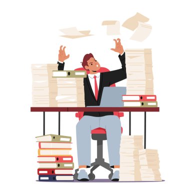 Yorgun ve çileden çıkmış ofis çalışanı, elinde evrak yığınlarıyla masada oturuyor ve kağıtları havaya fırlatıyor. Ofisteki Stres, Öfkeli Çalışan Karakterle Acil Çalışma Konsepti. Çizgi film İnsanları Vektör İllüstrasyonu