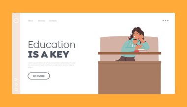 Eğitim İniş Şablonu. Üniversitede ya da üniversitede ders veren kız öğrenci. Sınıfta Masada Oturan Genç Kadın ya da Oditoryum, Kadın Karakteri Öğrenme. Çizgi film İnsanları Vektör İllüstrasyonu