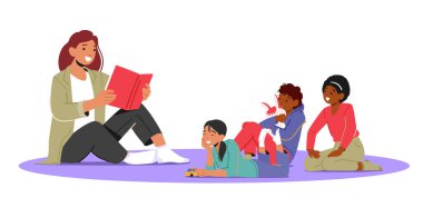 Okul öncesi öğretmenlik, eğitim konsepti. Genç Öğretmen Karakteri Çocuklara Eğitim Kitabı Oku. Kreşteki sınıflar ya da beyaz arka planda izole edilmiş kreşler. Çizgi film İnsanları Vektör İllüstrasyonu