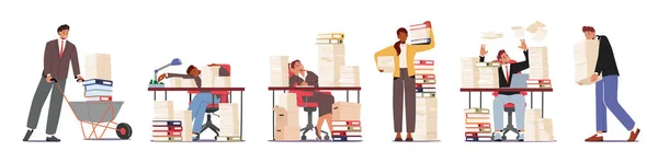Müde Geschäftsleute Und Geschäftsfrauen Mit Riesigen Stapeln Von Dokumenten Büroangestellte — Stockvektor