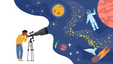 Küçük Meraklı Çocuk Teleskop 'ta Çocuk Astronomi Çalışması Ay' da Yıldız Gezegeni Samanyolu 'nda Uzay Mekiği ve Astronot Bilimi, Uzay Gözlemi. Çizgi film Vektör İllüstrasyonu
