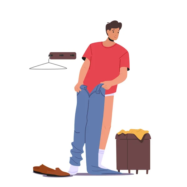 People Fitting Clothes Store Concept Joven Personaje Masculino Vistiendo Pantalones — Vector de stock