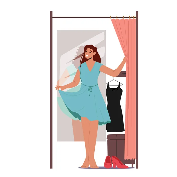 Young Female Character Trying Clothes Dressing Room Store Woman New — Stock Vector
