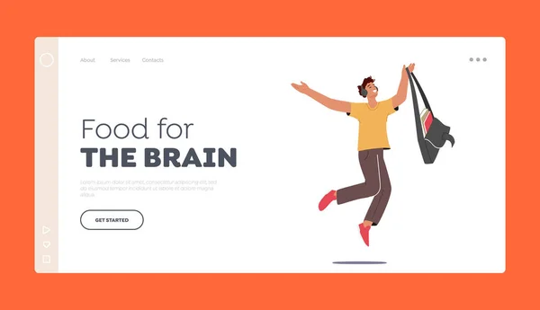 Voedsel Voor Brain Landing Page Template Gelukkige Student Jongen Koptelefoon — Stockvector