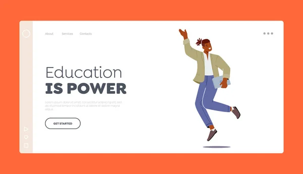 Education Power Landing Page Template Adult African Pupil Character Tablet — Stock Vector