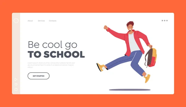 Teenager Schüler Charakter Springen Landing Page Template Happy Student Boy — Stockvektor