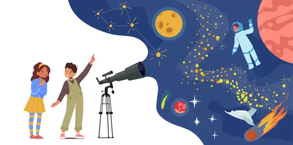 Malí Chlapci Děvčata Studují Astronomii Zvědavý Pohled Dětí Dalekohledu Dětské — Stockový vektor