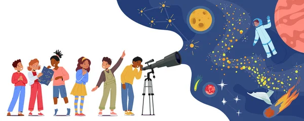 Děti Dívají Dalekohledu Zvědaví Malí Chlapci Dívky Studují Astronomii Dětské — Stockový vektor