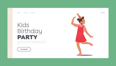 Doğum gününü kutlayan kız iniş sayfası şablonu. Çocuk partisi, etkinlik kutlaması. Neşeli Çocuk Karakteri Şenlikli Şapka Giyin Dans Et ve Eller Yukarı Zıpla. Çizgi film İnsanları Vektör İllüstrasyonu