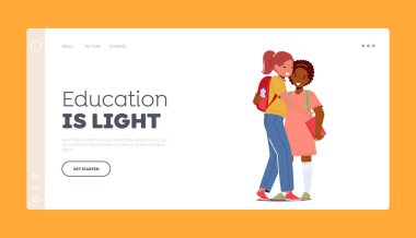 İniş Sayfası Şablonu İçin Gençlik, Mutluluk ve Eğitim Konsepti. Sırt çantalı küçük öğrenci kızlar sarılıyor. Okul Arkadaşları Çocuklar Yaz Tatili 'nden sonra toplanıyor. Çizgi film Vektör İllüstrasyonu,