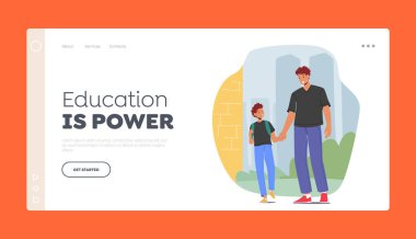 Okula, eğitime ve okuma sayfası şablonu. Baba ve Öğrenci Karakterleri Sabahları Derste Yürüyor. Sırt çantalı bir çocuk. Çizgi film İnsanları Vektör İllüstrasyonu