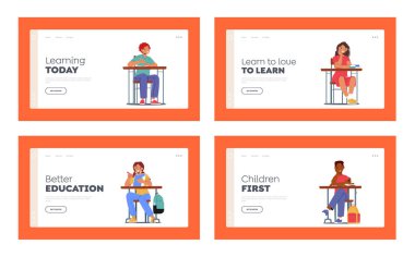 Öğrenciler Okul İniş Şablonu 'na Dönüyor. Sırt çantalı Öğrenciler veya Kızlar Masada Oturarak Öğrenme Kitapları. Mutlu Çocuk Karakterleri. Çizgi film İnsanları Vektör İllüstrasyonu