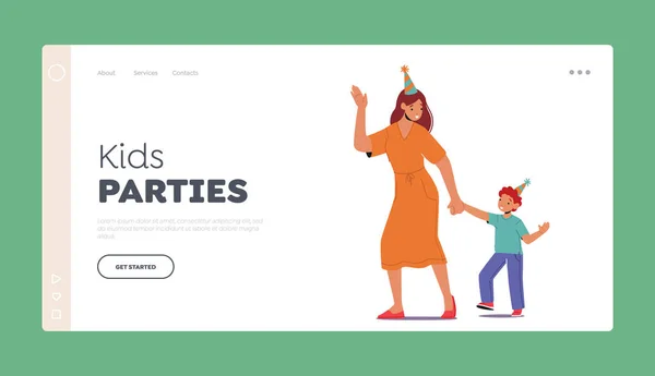 Kids Parties Landing Page Template Frau Und Kleiner Junge Tragen — Stockvektor