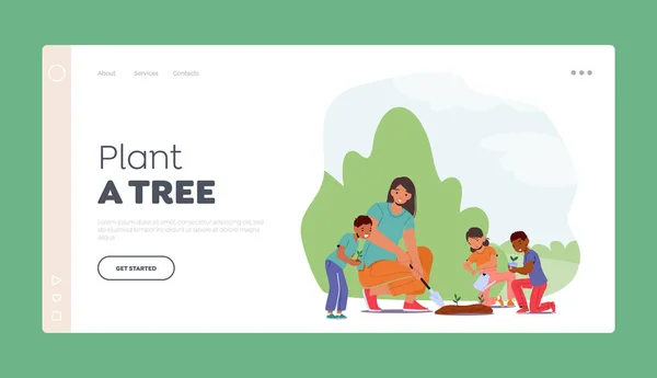 Happy Kids Plant Tree Modelo Página Desembarque Crianças Jardinagem Com — Vetor de Stock