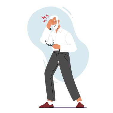 Yaşlı Erkek Karakteri Ache 'yi hisset, Güçlü Acılı Yaşlı Adam. Emeklilik Sağlık Sorunu, Hastalık Belirtileri ve Vücut Hastalığı. Felç, yorgunluk ya da stres sonucu. Çizgi film İnsanları Vektör İllüstrasyonu